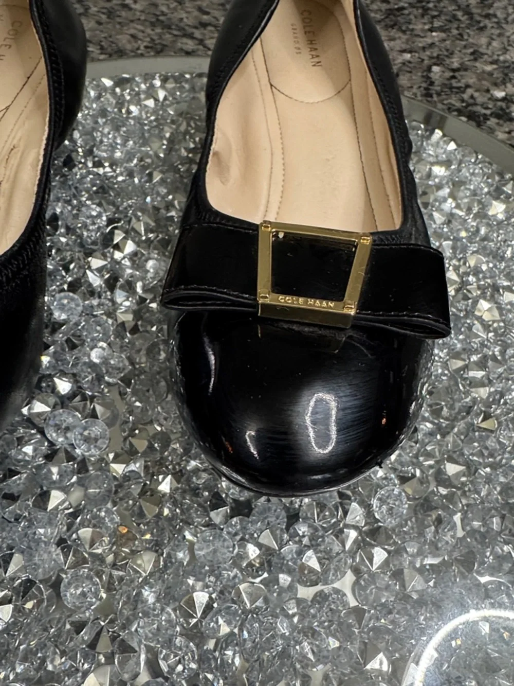 Cole Haan Black leather Wedge ballet Flats with Gold Bow Detail 9